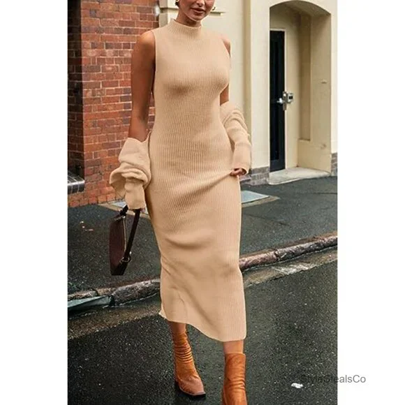 Slim Fit Knit Sweater Dress Set With Cropped Cardigan, Mock Neck, Long Sleeve - Picture 3 of 7